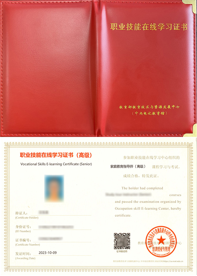 中央电教馆 职业技能在线学习证书 家庭教育指导师证证书样本